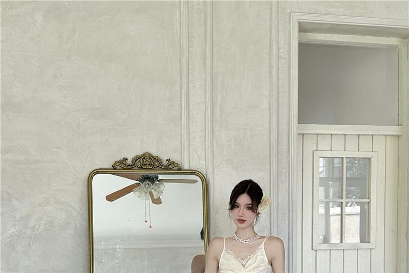 Strap Panel Plain Dress Maxi Ruched Slit Spaghetti V-Neck A-Line Lace