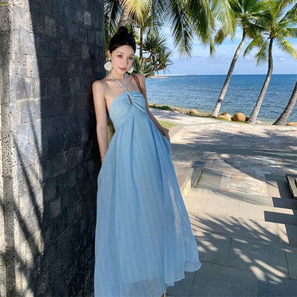 A-Line Dress Maxi Back Plain Tie Halter