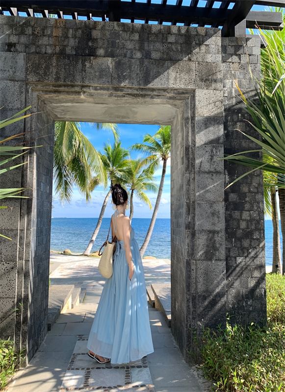 A-Line Dress Maxi Back Plain Tie Halter