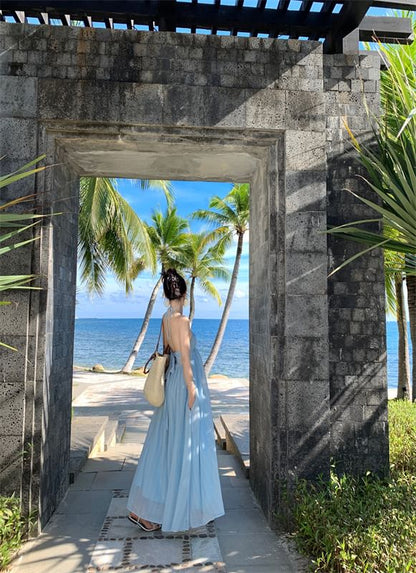 A-Line Dress Maxi Back Plain Tie Halter