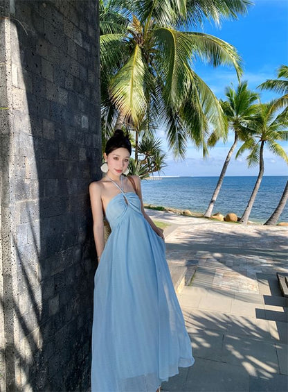 A-Line Dress Maxi Back Plain Tie Halter