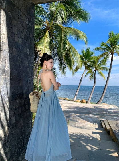 A-Line Dress Maxi Back Plain Tie Halter