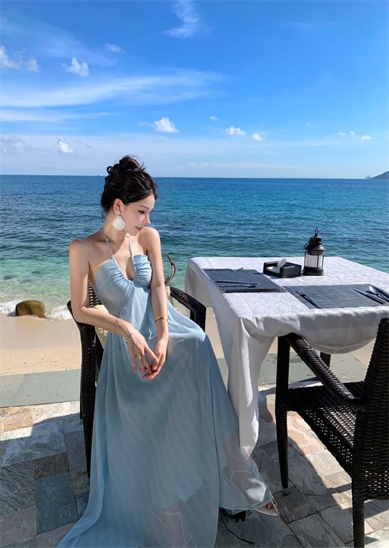 A-Line Dress Maxi Back Plain Tie Halter