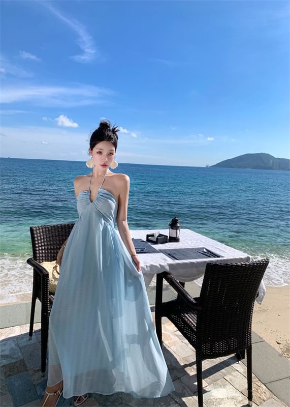 A-Line Dress Maxi Back Plain Tie Halter