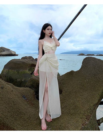 Plain Strap Spaghetti V-Neck Ruched Lace A-Line Panel Maxi Slit