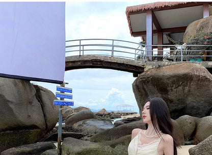 Plain Strap Spaghetti V-Neck Ruched Lace A-Line Panel Maxi Slit