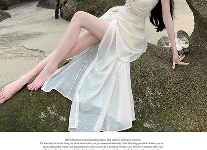 Plain Strap Spaghetti V-Neck Ruched Lace A-Line Panel Maxi Slit