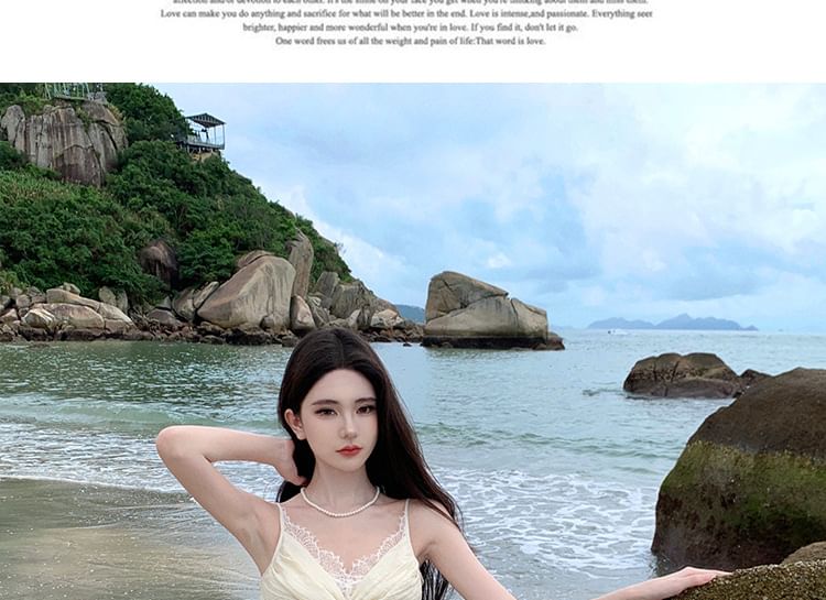 Plain Strap Spaghetti V-Neck Ruched Lace A-Line Panel Maxi Slit