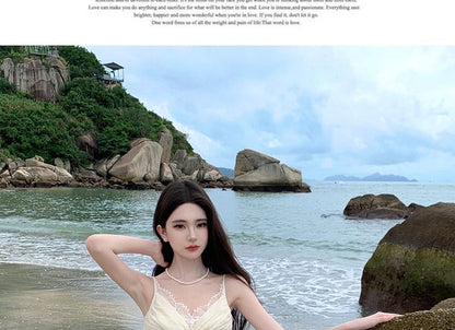 Plain Strap Spaghetti V-Neck Ruched Lace A-Line Panel Maxi Slit