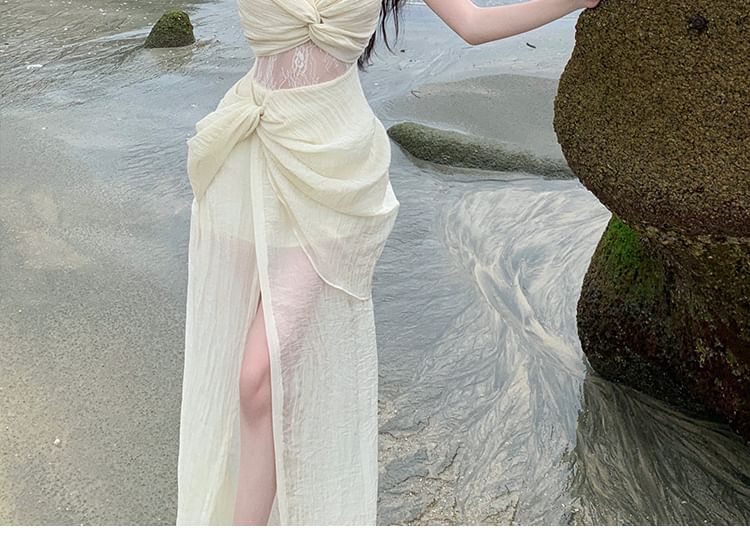 Plain Strap Spaghetti V-Neck Ruched Lace A-Line Panel Maxi Slit