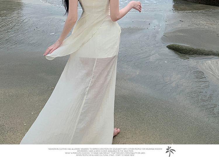 Plain Strap Spaghetti V-Neck Ruched Lace A-Line Panel Maxi Slit