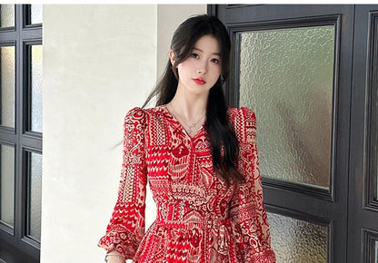 Patterned Print Maxi Long-Sleeve V-Neck Dress A-Line Slit