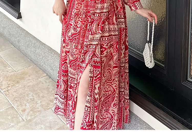 Patterned Print Maxi Long-Sleeve V-Neck Dress A-Line Slit