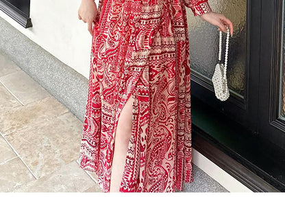 Patterned Print Maxi Long-Sleeve V-Neck Dress A-Line Slit