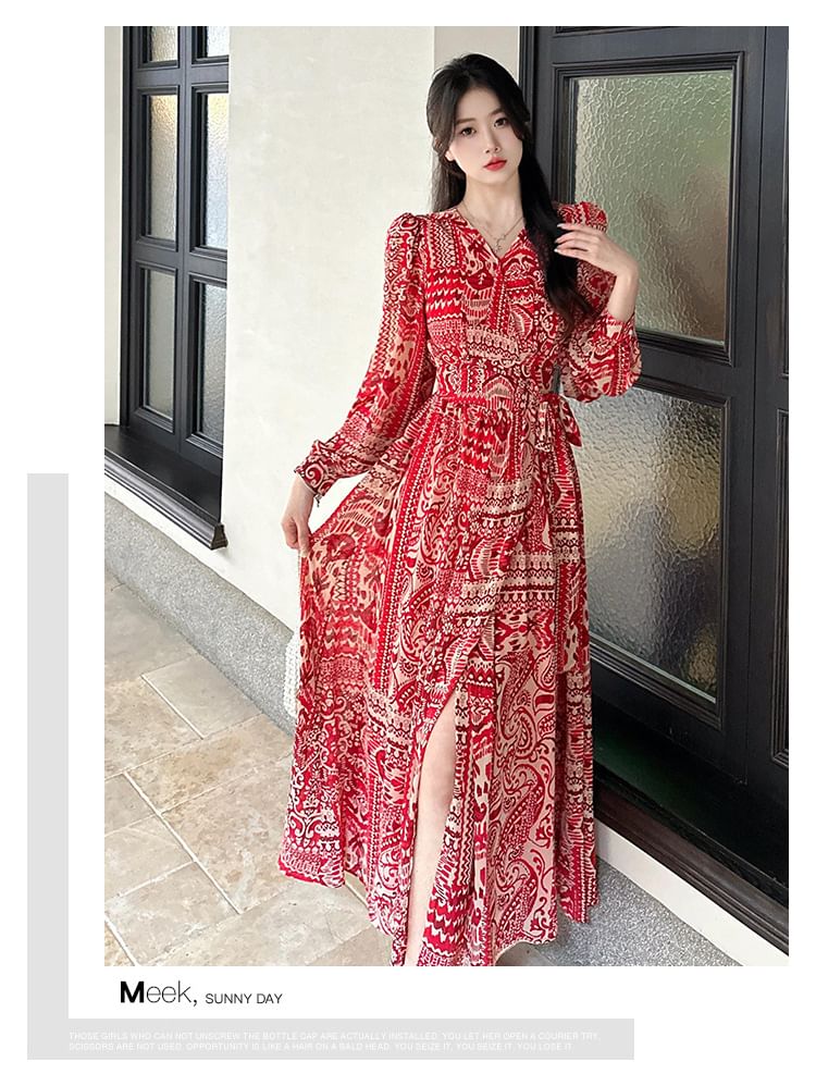 Patterned Print Maxi Long-Sleeve V-Neck Dress A-Line Slit