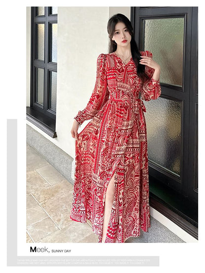 Patterned Print Maxi Long-Sleeve V-Neck Dress A-Line Slit