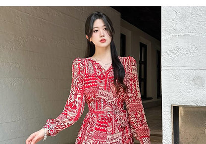 Patterned Print Maxi Long-Sleeve V-Neck Dress A-Line Slit