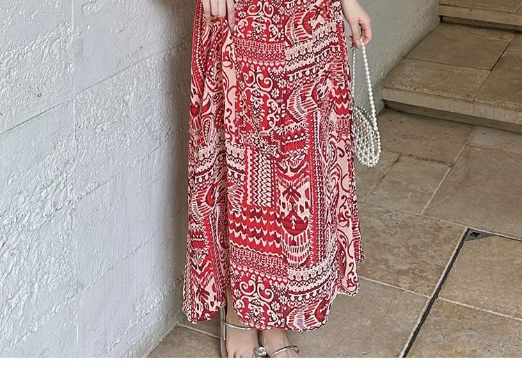 Patterned Print Maxi Long-Sleeve V-Neck Dress A-Line Slit