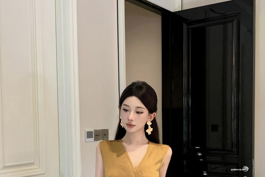 Sleeveless Plain Wrap Sheath Maxi Slit Ruched V-Neck Dress