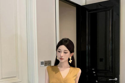 Sleeveless Plain Wrap Sheath Maxi Slit Ruched V-Neck Dress