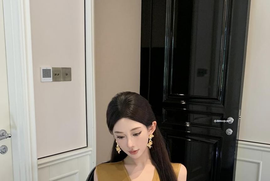 Sleeveless Plain Wrap Sheath Maxi Slit Ruched V-Neck Dress