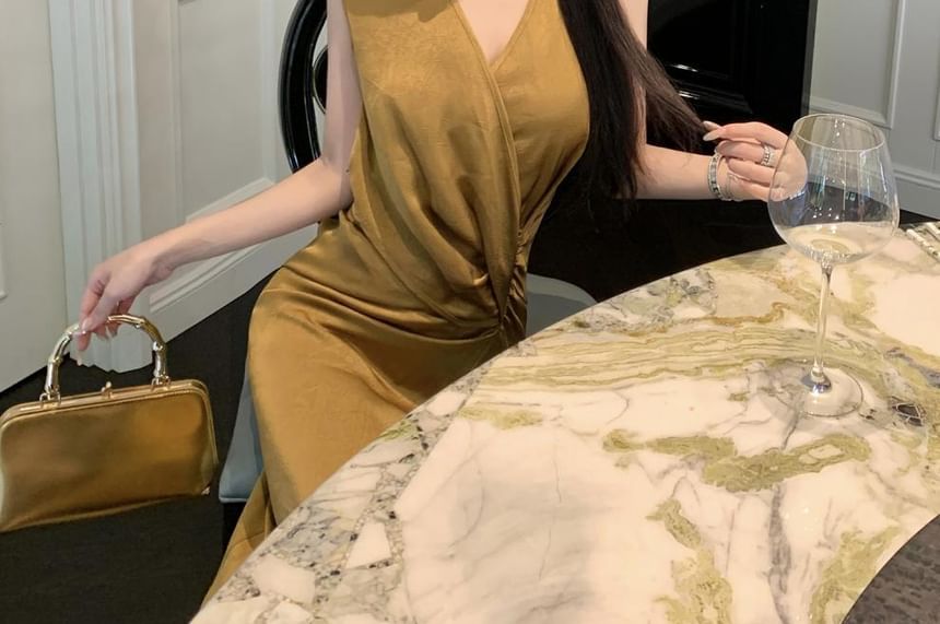 Sleeveless Plain Wrap Sheath Maxi Slit Ruched V-Neck Dress