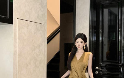 Sleeveless Plain Wrap Sheath Maxi Slit Ruched V-Neck Dress