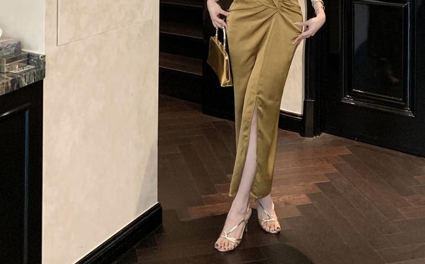 Sleeveless Plain Wrap Sheath Maxi Slit Ruched V-Neck Dress