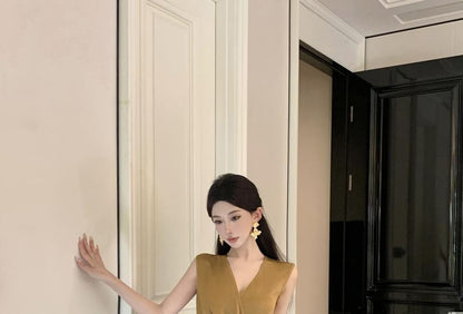 Sleeveless Plain Wrap Sheath Maxi Slit Ruched V-Neck Dress