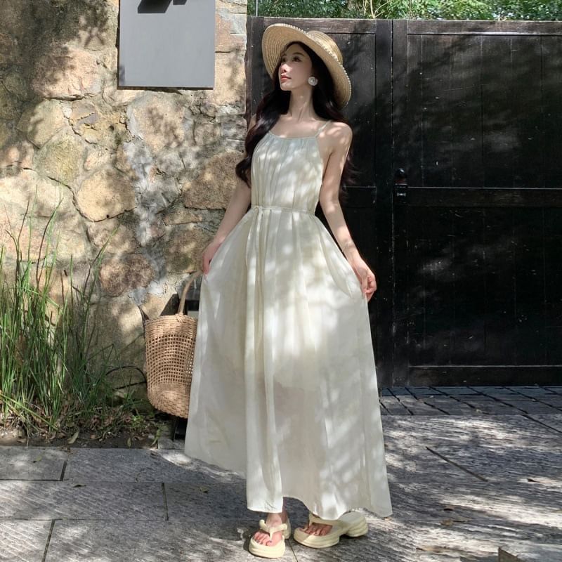 Spaghetti Maxi Plain Strap Dress A-Line