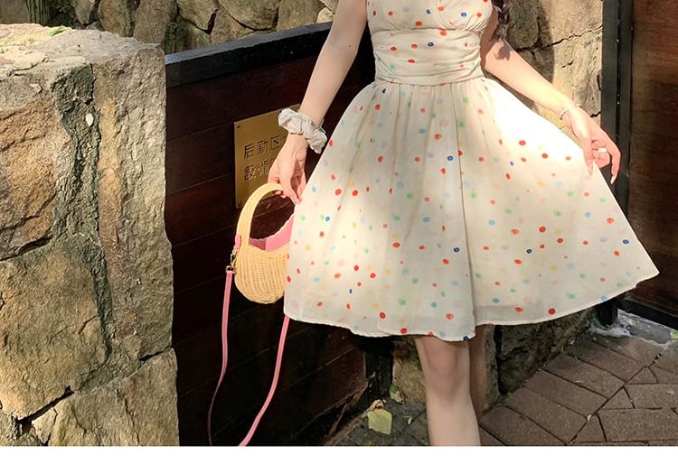 Dotted Mini A-Line Dress V-Neck Halter