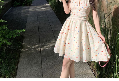 Dotted Mini A-Line Dress V-Neck Halter