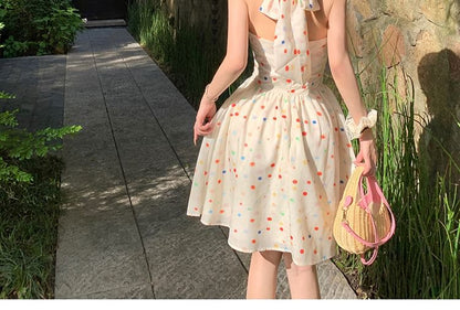 Dotted Mini A-Line Dress V-Neck Halter