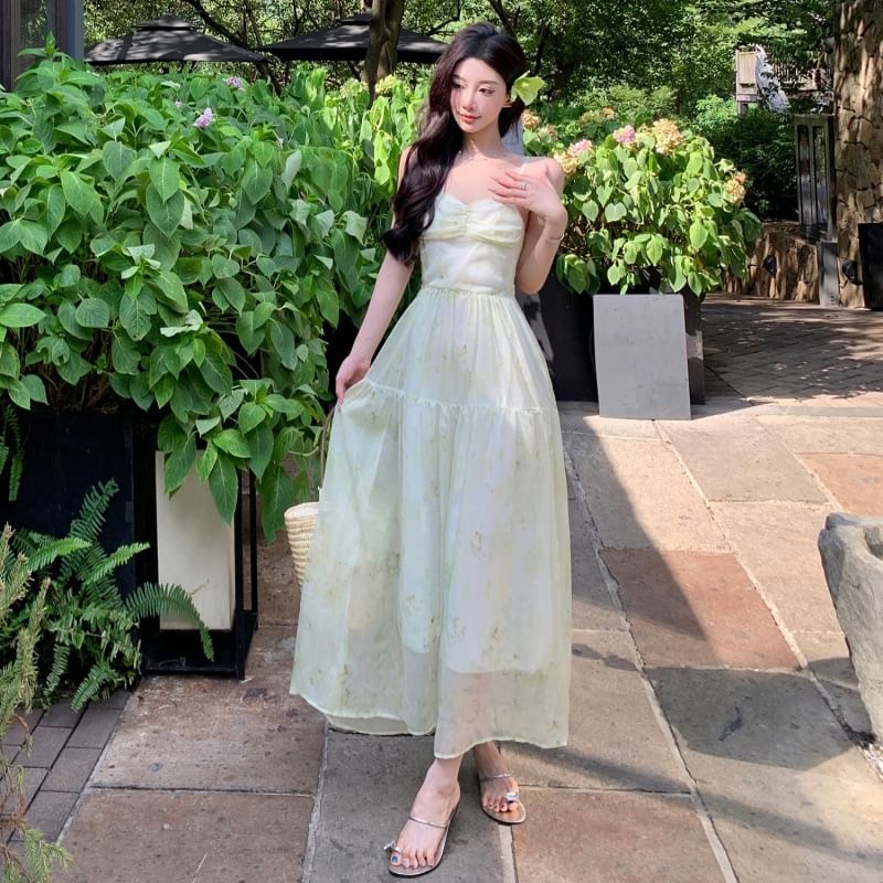 A-Line Strap Dress Lace Print Patterned Maxi Up Spaghetti