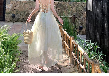 A-Line Strap Dress Lace Print Patterned Maxi Up Spaghetti