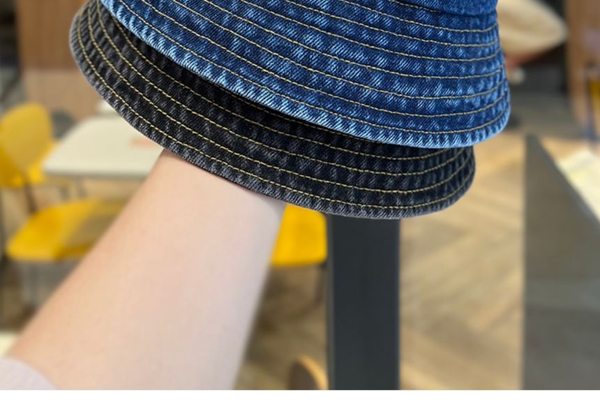 Lettering Bucket Denim Washed Hat Embroidered