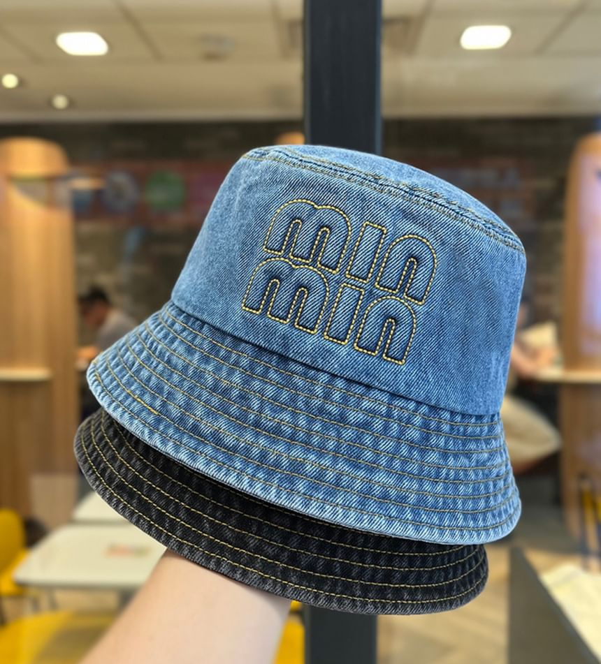Lettering Bucket Denim Washed Hat Embroidered