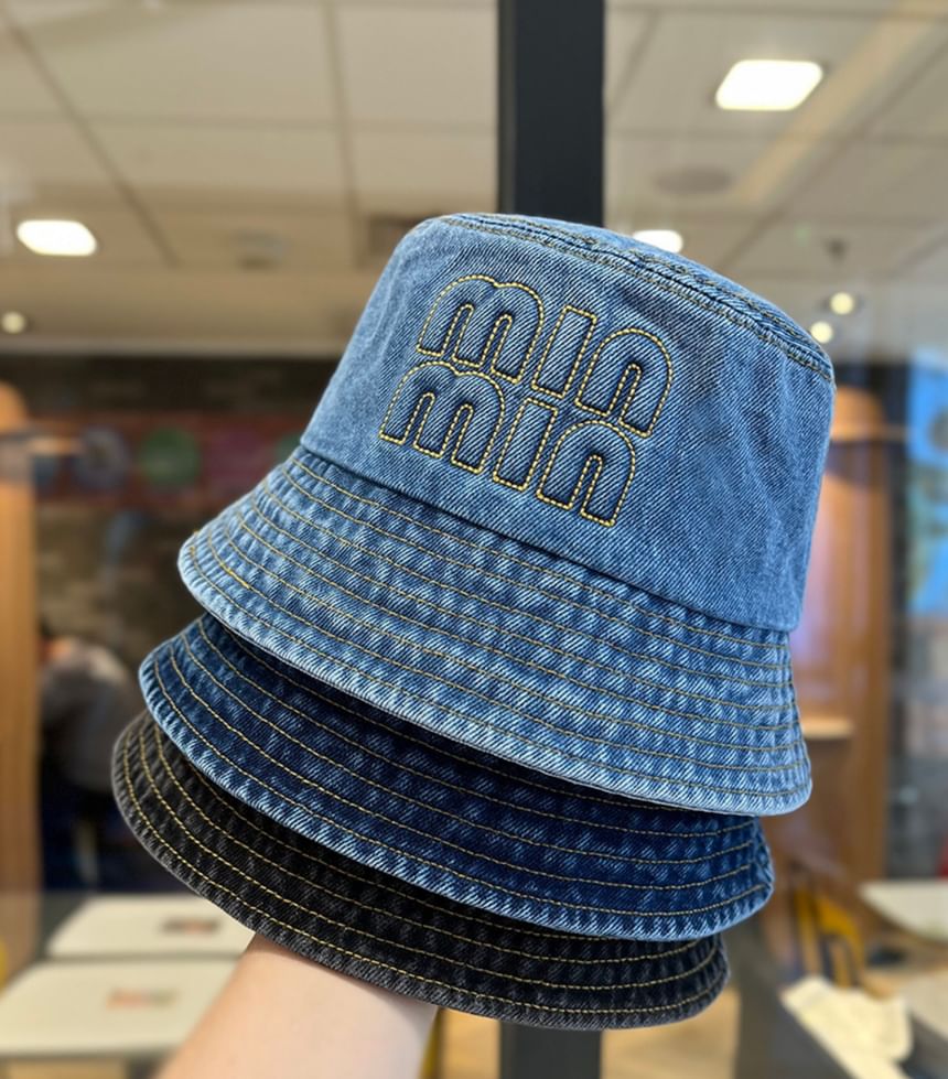 Lettering Bucket Denim Washed Hat Embroidered