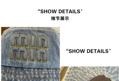 Lettering Bucket Denim Washed Hat Embroidered