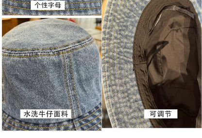 Lettering Bucket Denim Washed Hat Embroidered