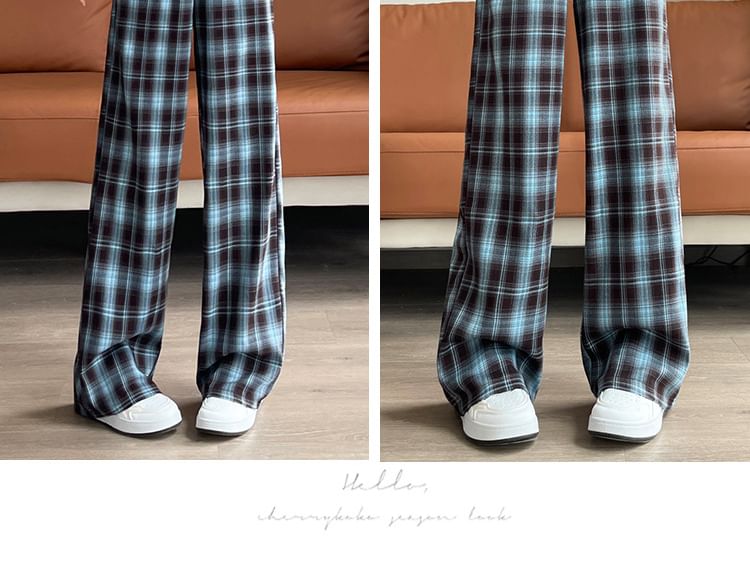 High Rise Plaid Wide Leg Pants (Various Designs)