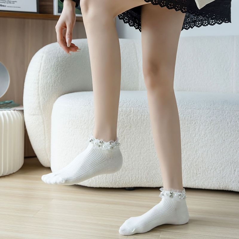 Faux Pearl Mesh Ruffle Socks