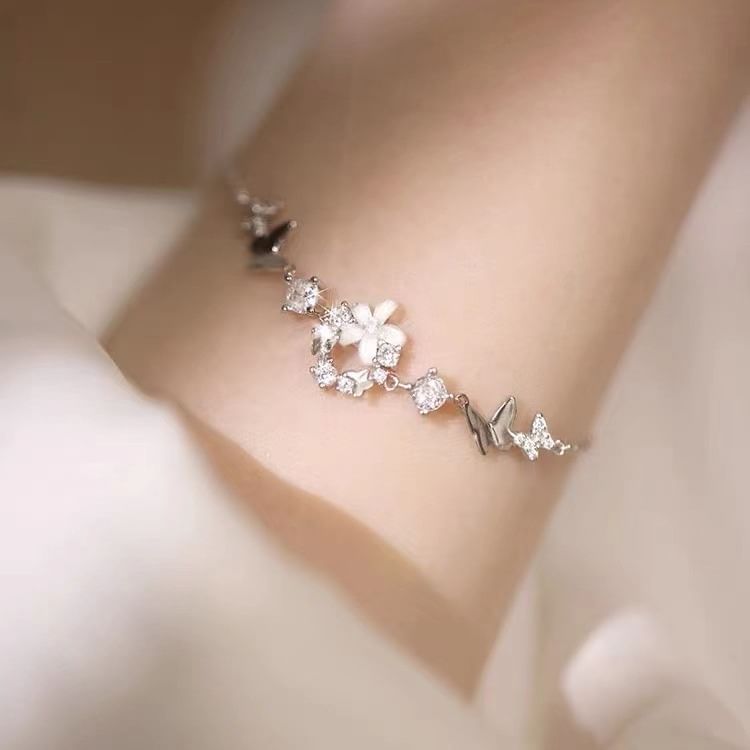 Sterling Silver Rhinestone Floral Bracelet