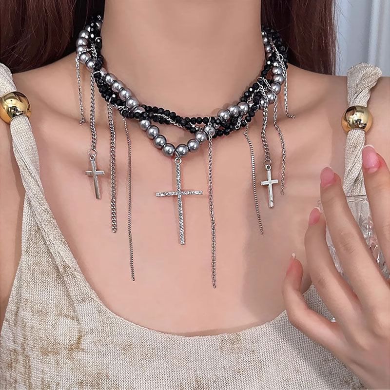 Cross Faux Pearl Choker / Layered Faux Pearl Choker