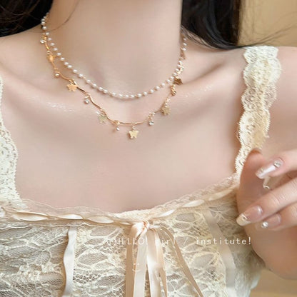 Butterfly Layered Faux Pearl Alloy Choker