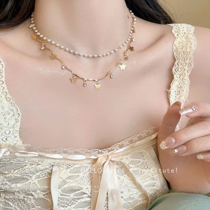 Butterfly Layered Faux Pearl Alloy Choker