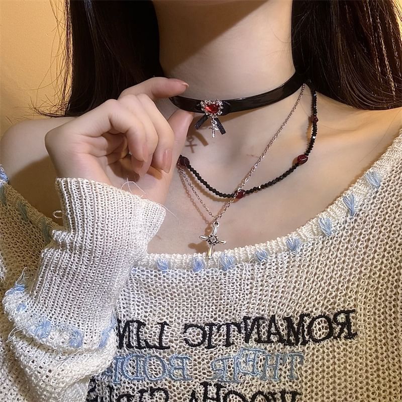 Necklace Leather Faux Choker Cross Rhinestone /