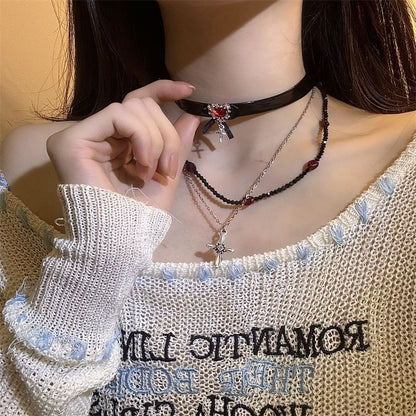 Necklace Leather Faux Choker Cross Rhinestone /