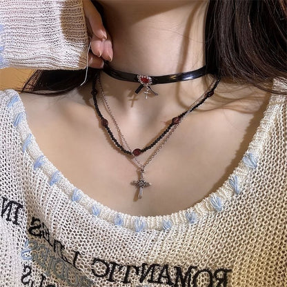 Necklace Leather Faux Choker Cross Rhinestone /