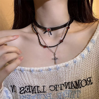 Necklace Leather Faux Choker Cross Rhinestone /